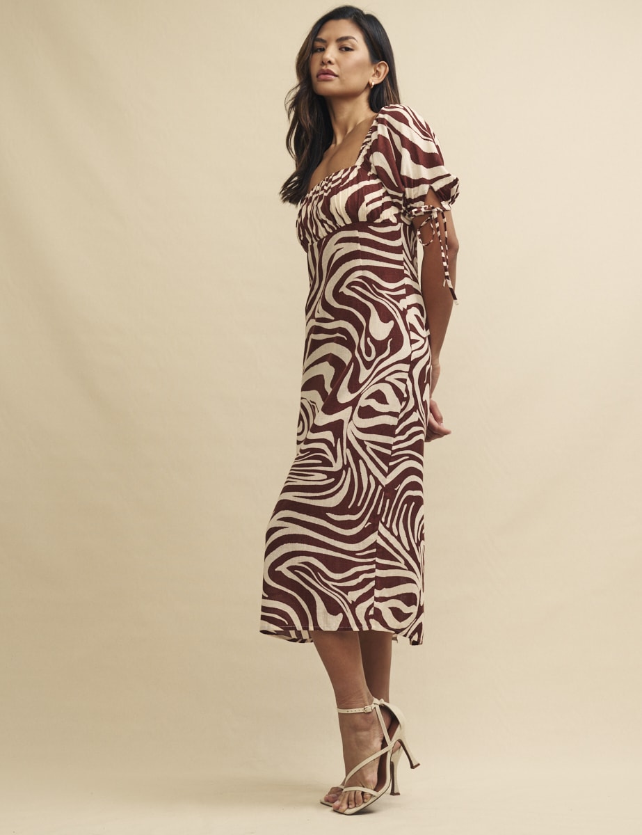 Brown Swirl Print Linen-blend Heidi Midi Dress