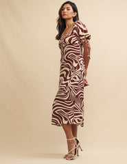 Brown Swirl Print Linen-blend Heidi Midi Dress