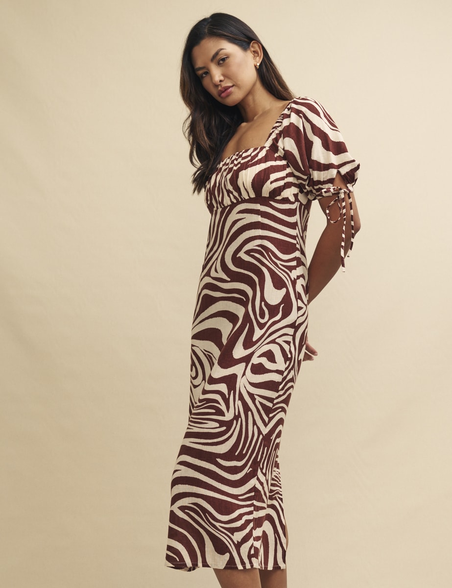 Brown Swirl Print Linen-blend Heidi Midi Dress