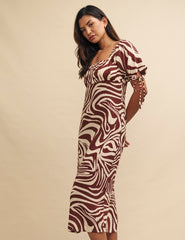Brown Swirl Print Linen-blend Heidi Midi Dress