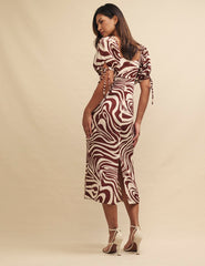 Brown Swirl Print Linen-blend Heidi Midi Dress