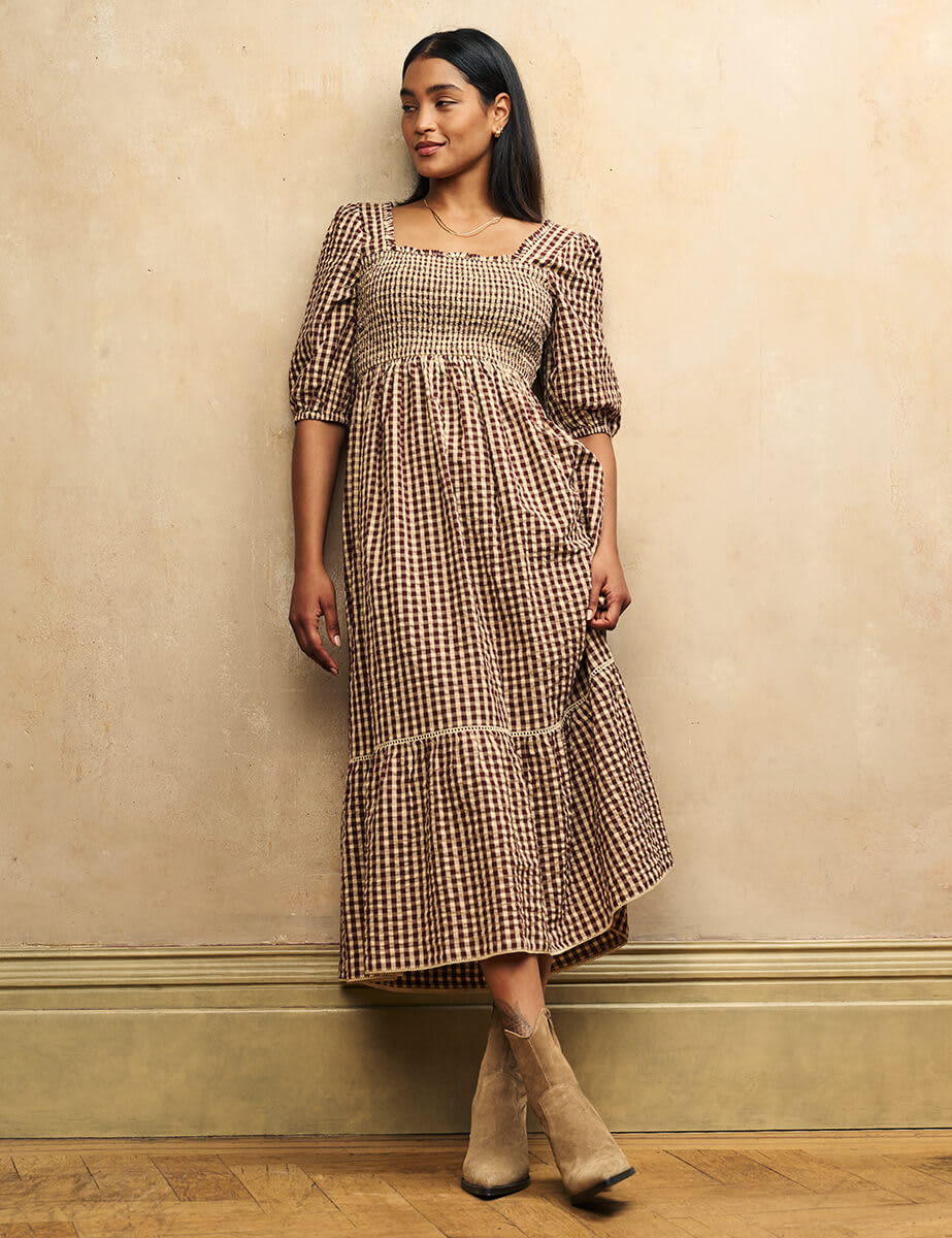 Brown Gingham Elsa Midi Dress