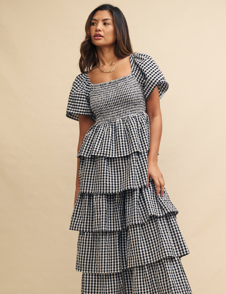 Black Gingham Ruffle Tiered Rosalia Maxi Dress