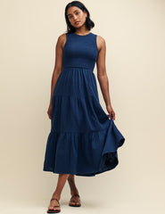 Navy Tiered Sleeveless Charlie Midi Dress