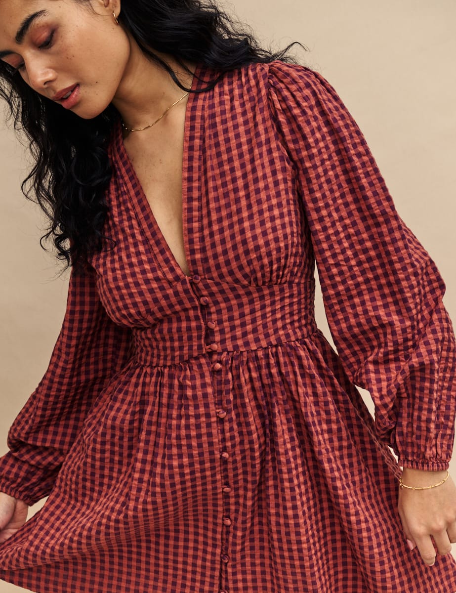 Brown Gingham Starlight Long Sleeve Mini Dress