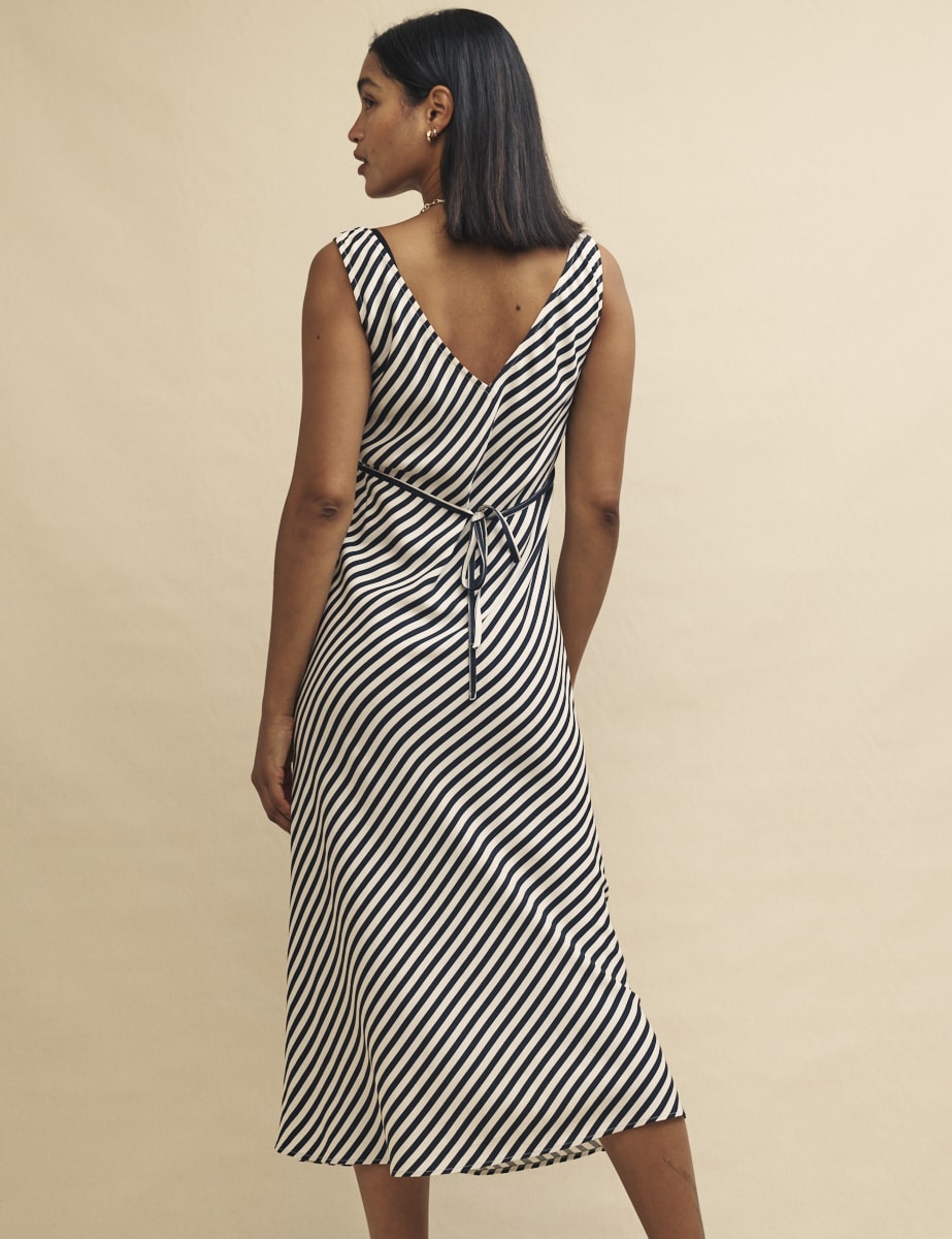 Black and White Stripe Satin Helena Midi Dress