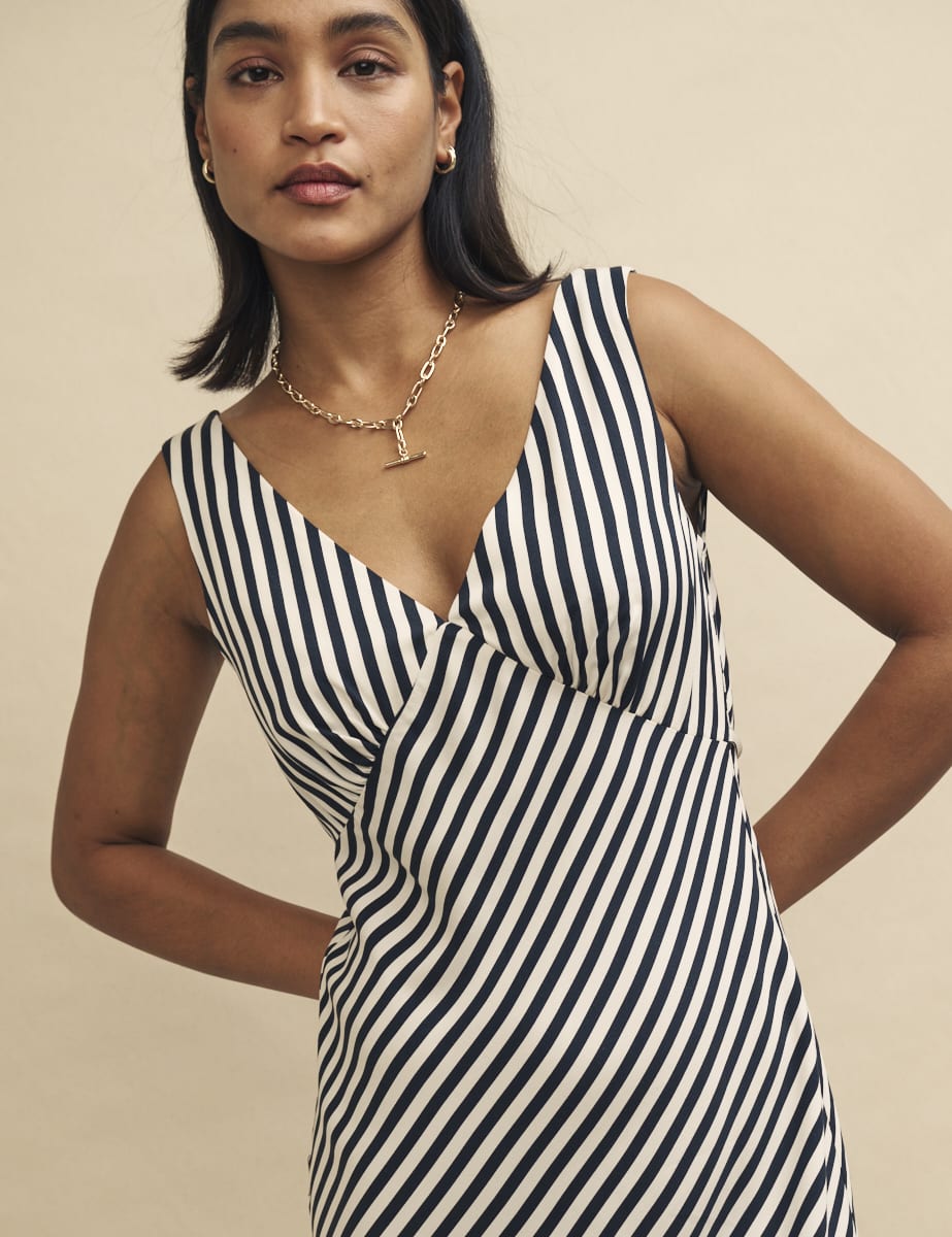 Black and White Stripe Satin Helena Midi Dress