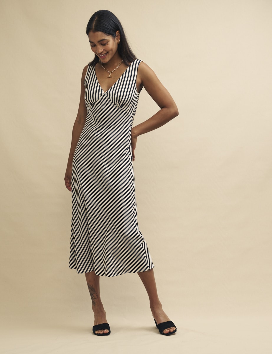 Black and White Stripe Satin Helena Midi Dress