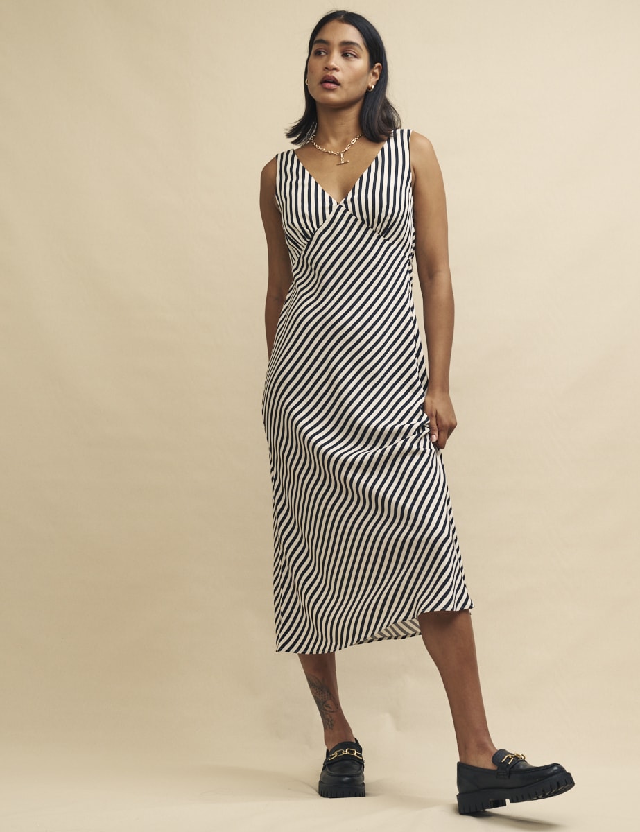 Black and White Stripe Satin Helena Midi Dress