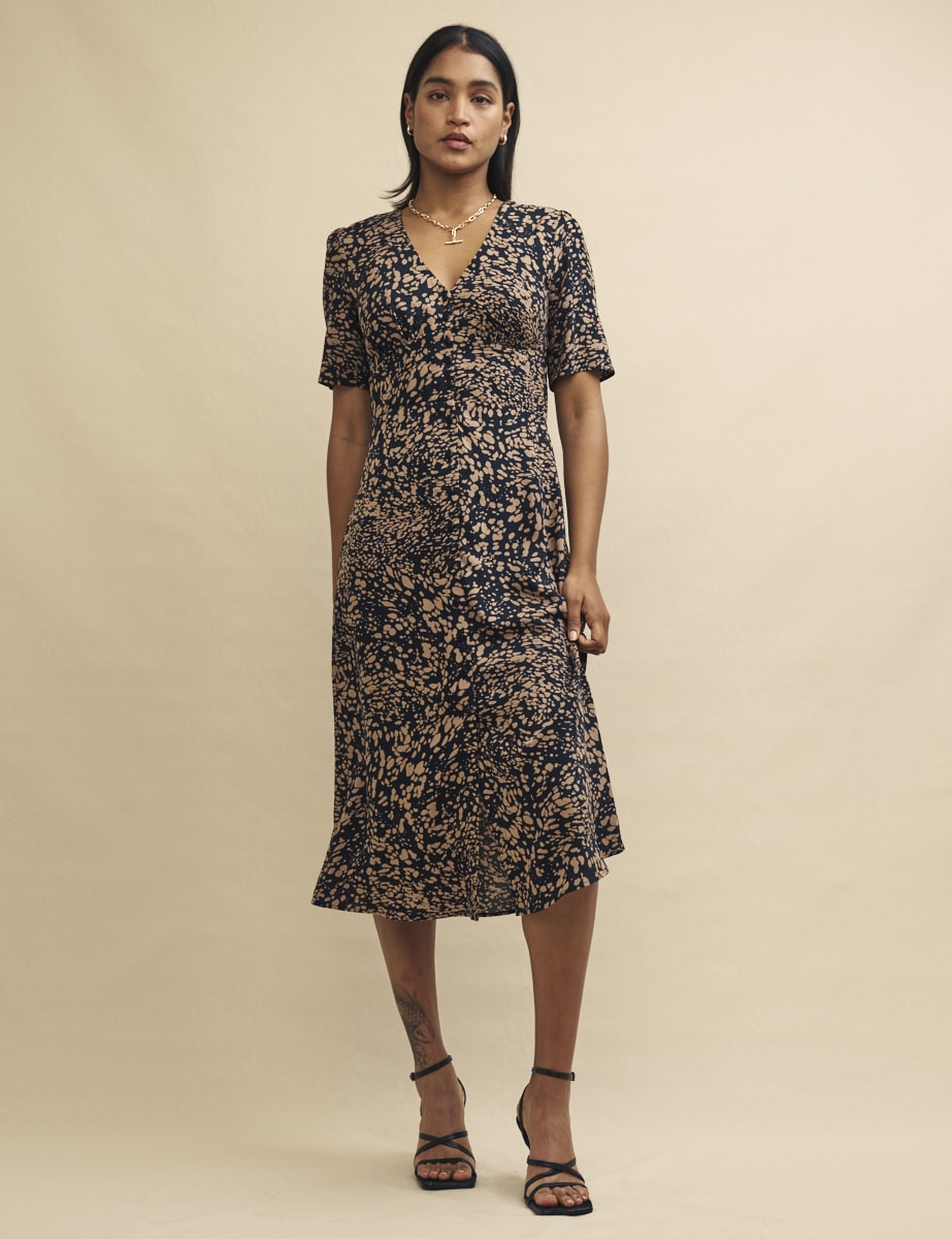 Brown Watercolour Print Alexa Midi Tea Dress