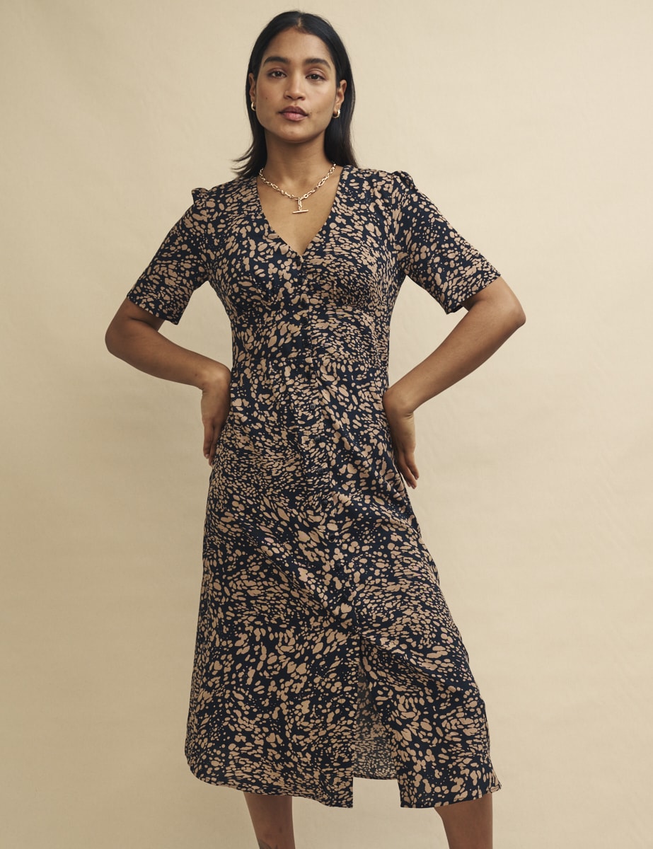 Brown Watercolour Print Alexa Midi Tea Dress