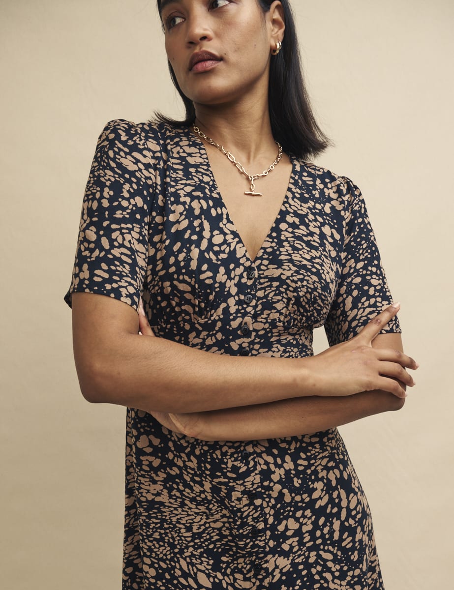 Brown Watercolour Print Alexa Midi Tea Dress