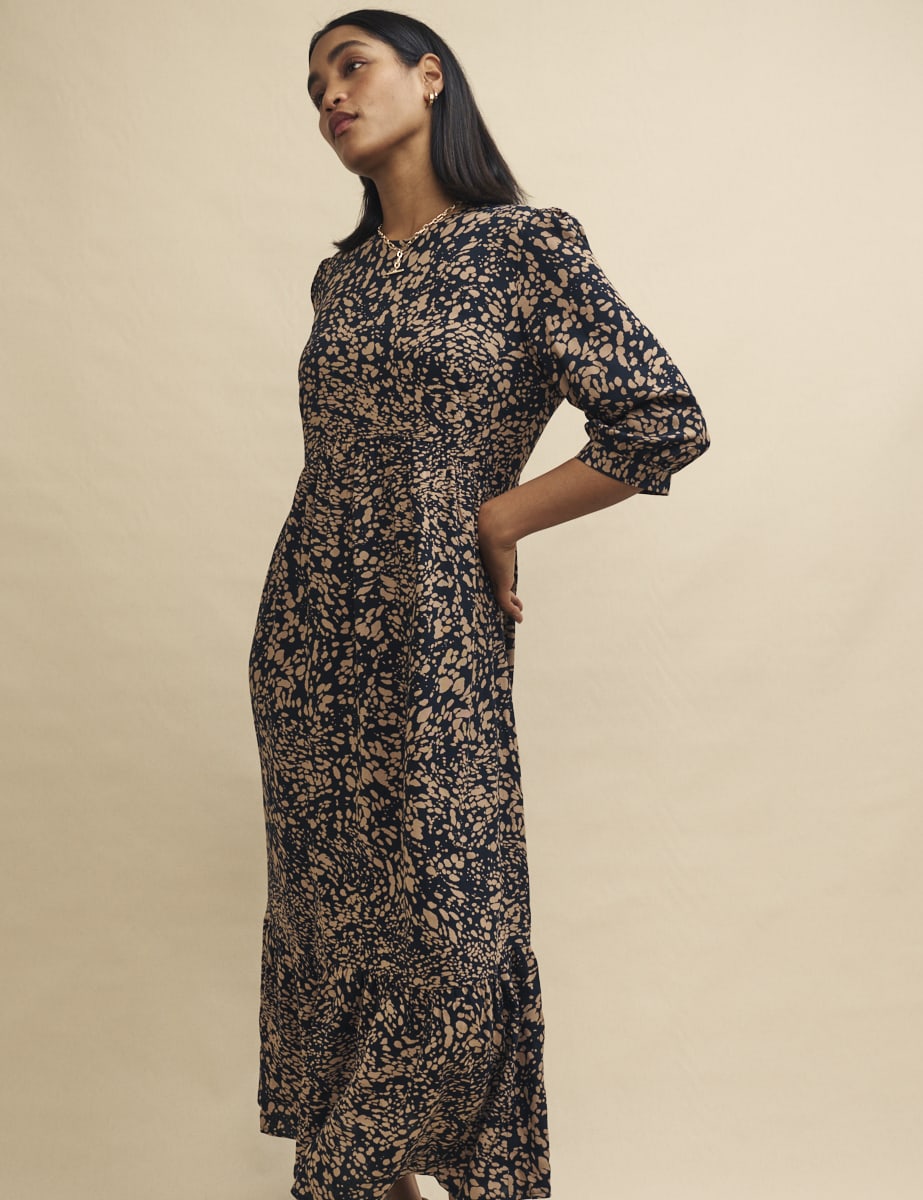 Brown Watercolour Print Rachel Midi Dress