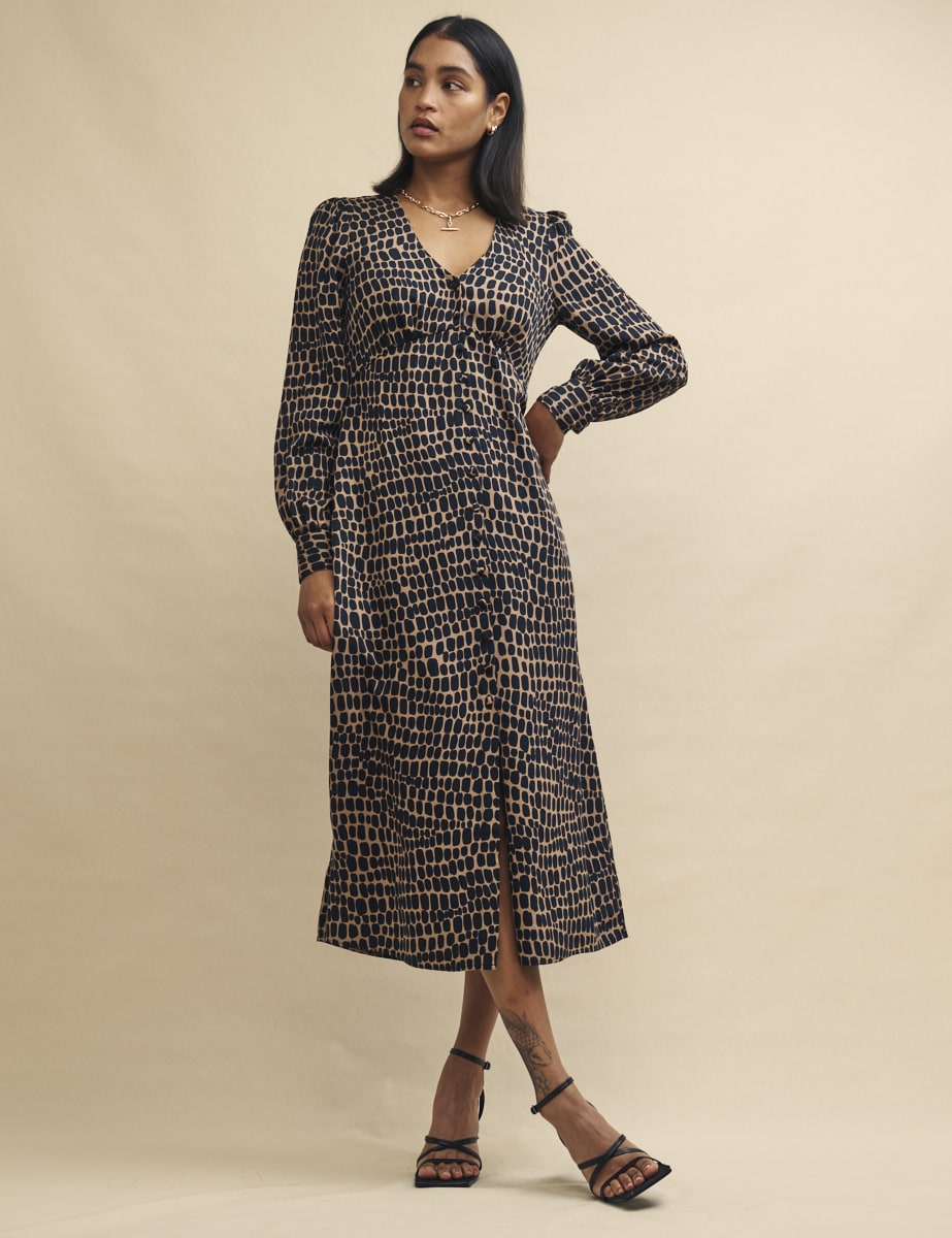 Brown Spot Print Tasha Midi Dress