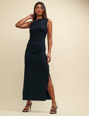 Black Asymmetric Sleeveless Jackson Midi Dress