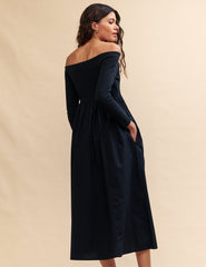 Black Long Sleeve Bardot Woven Dress