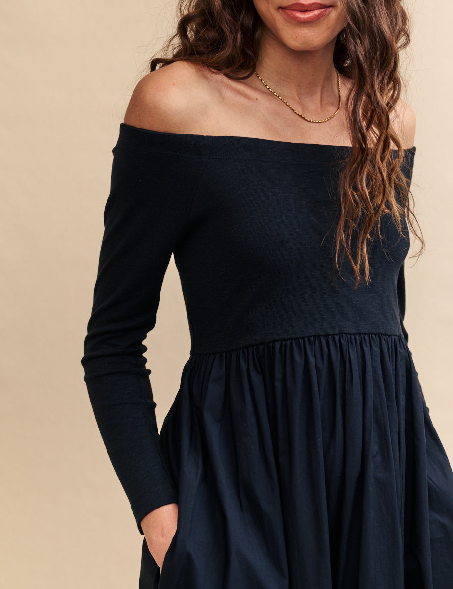 Black Long Sleeve Bardot Woven Dress