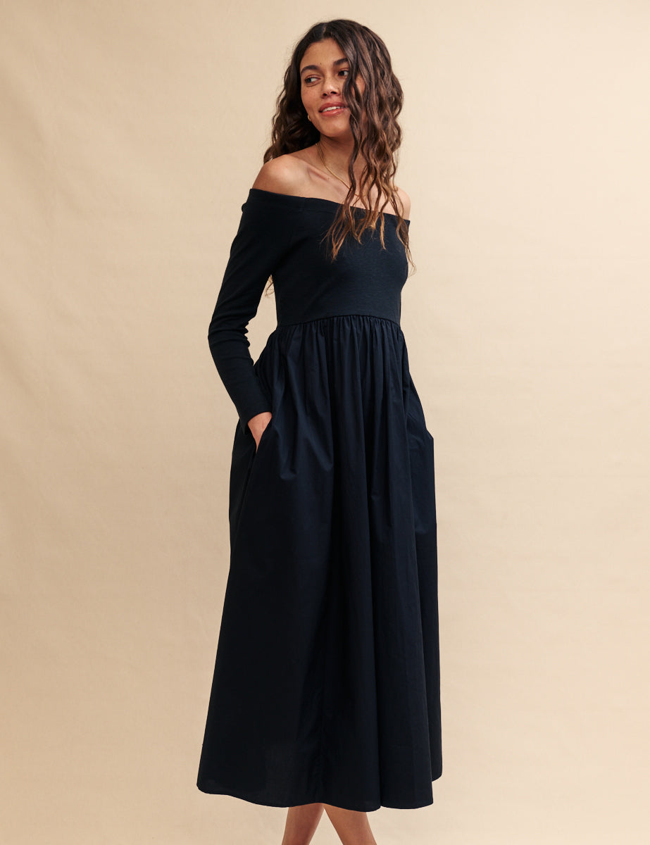 Black Long Sleeve Bardot Woven Dress