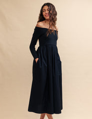 Black Long Sleeve Bardot Woven Dress