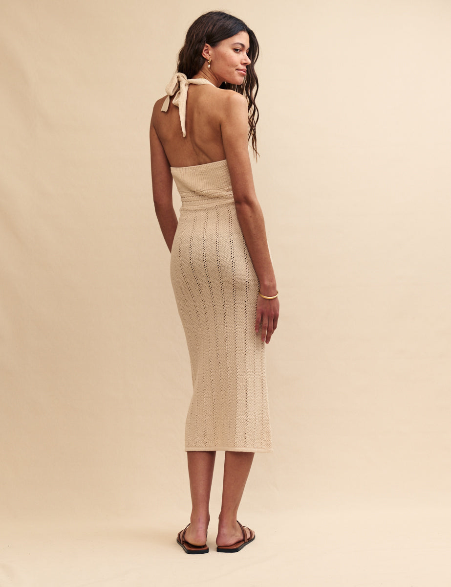 Cream Mock-Crochet Halter Midi Dress