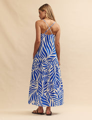 Blue Leaf Print Etain Midi Dress