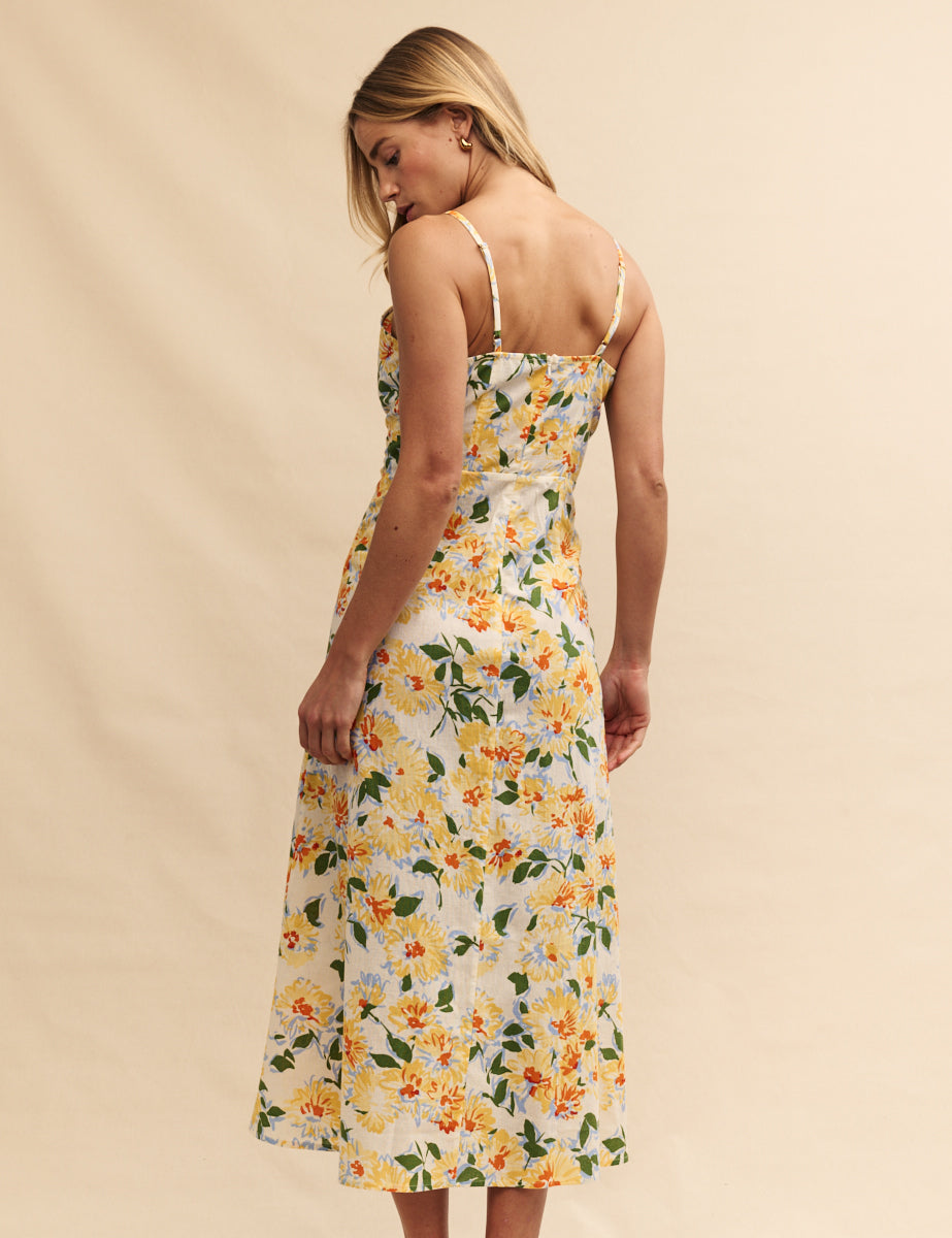 Yellow Floral Linen-blend Pippin Midi Dress