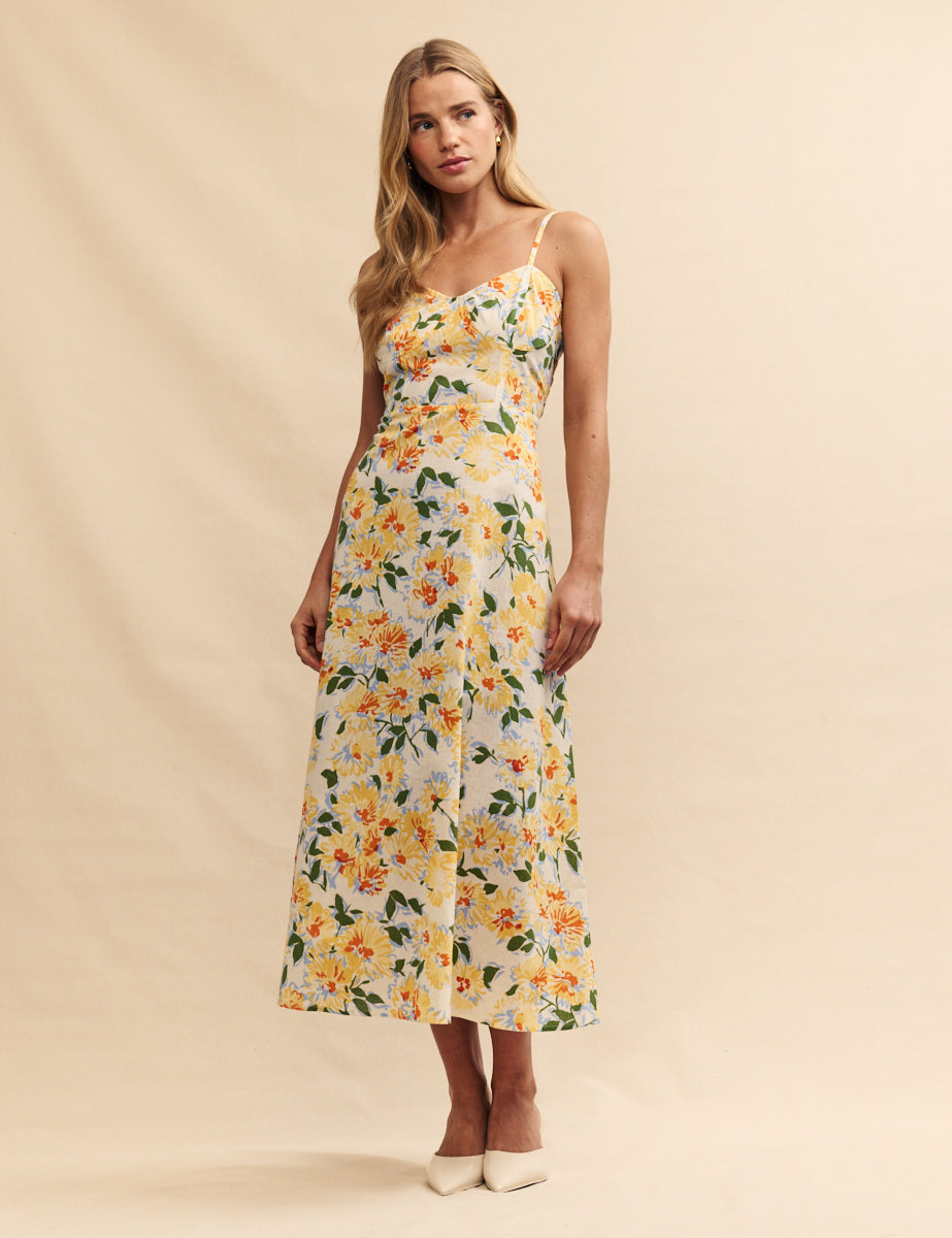 Yellow Floral Linen-blend Pippin Midi Dress