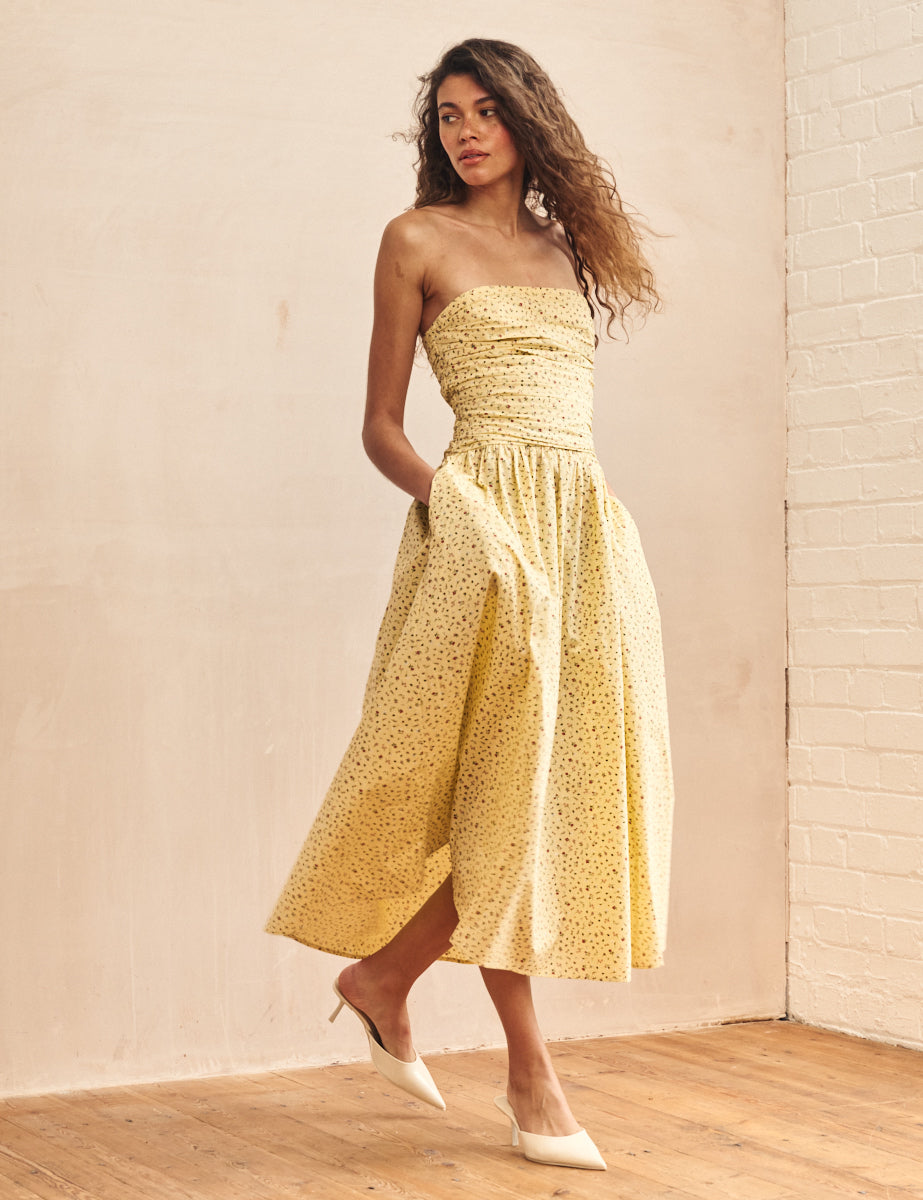Yellow Ditsy Floral Bandeau Felicity Midi Dress