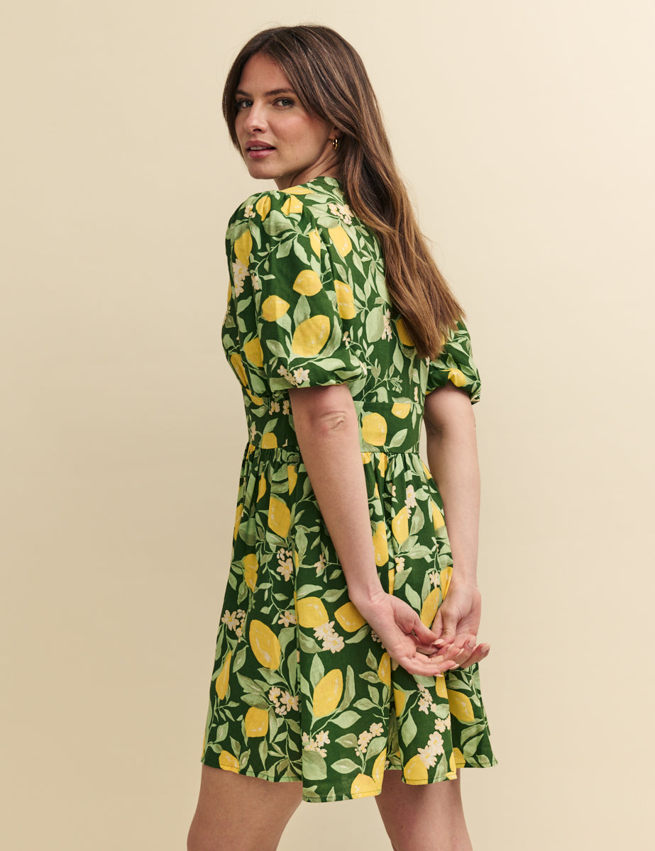 Green Lemon Print Linen-blend Starlight Mini Dress