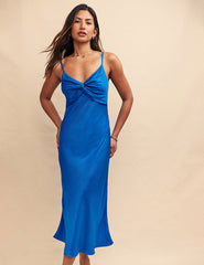 Blue Satin Jaquard Ida Midi Dress