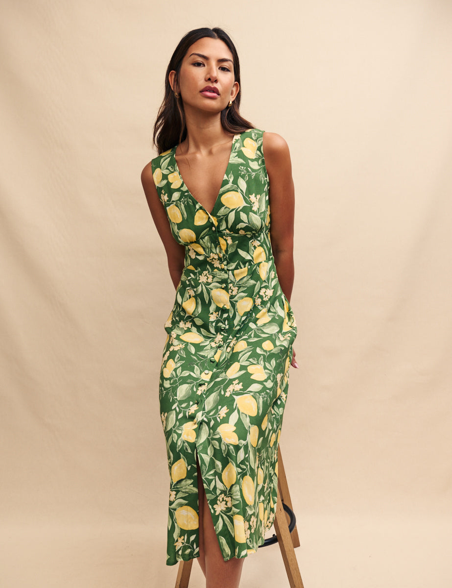 Petite Green Lemon Print Sandra Midi Dress