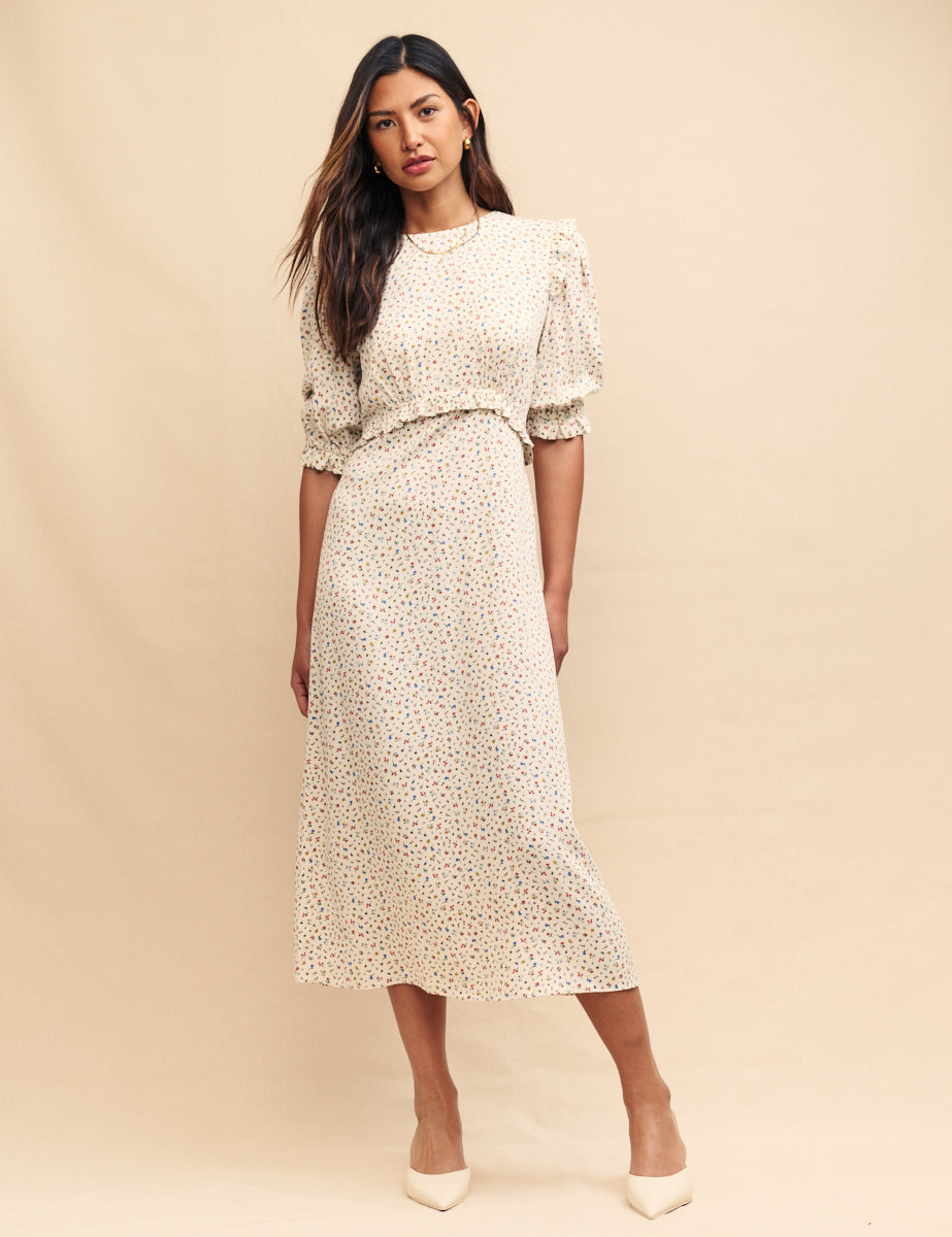 White Ditsy Floral Felica Midi Dress