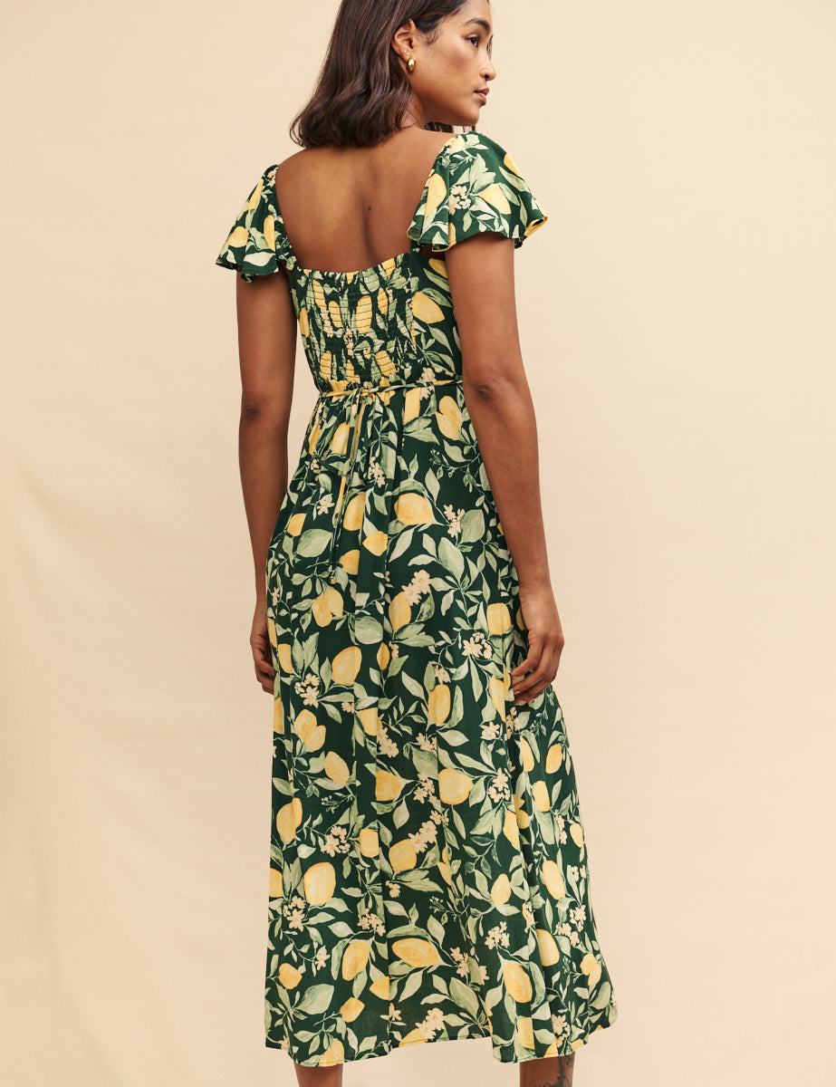 Green Lemon Print Elsie Midi Dress