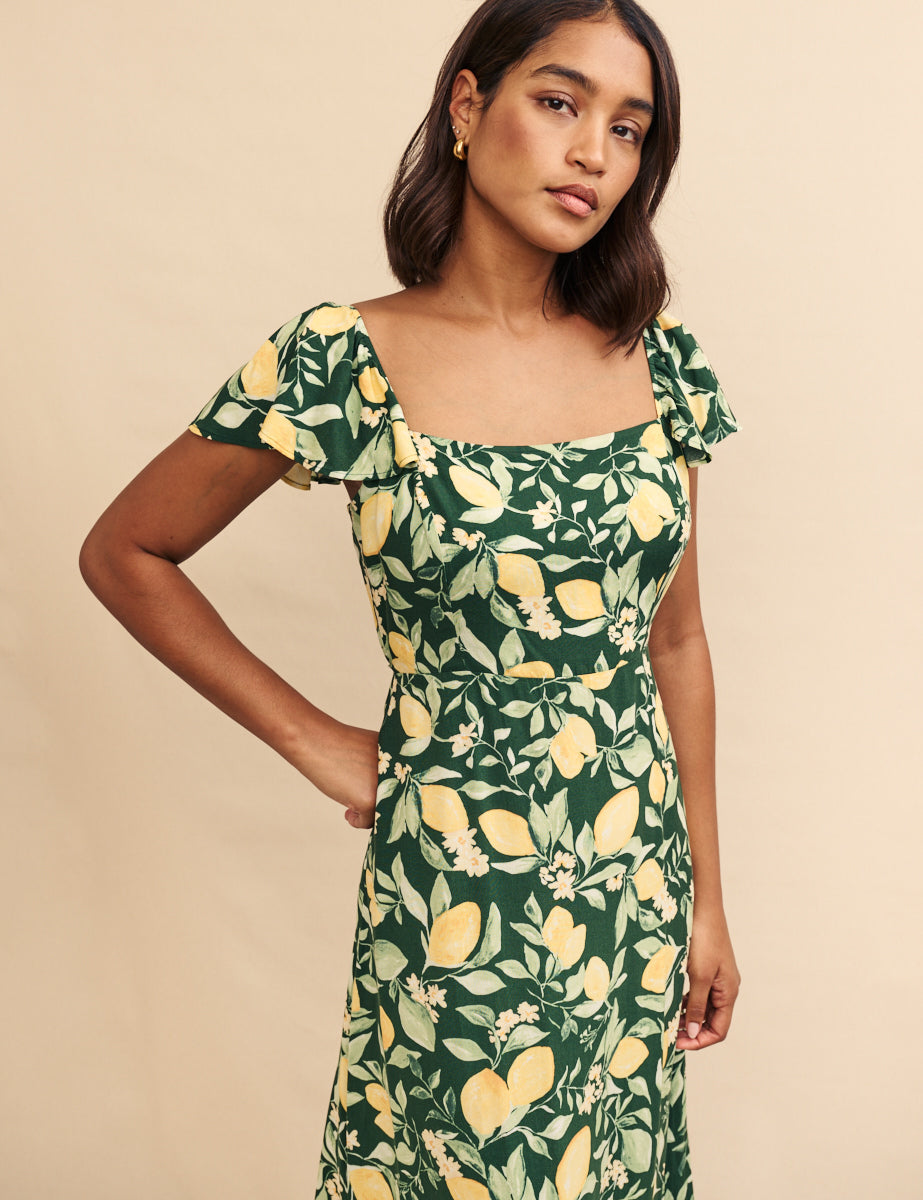 Green Lemon Print Elsie Midi Dress