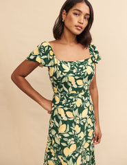 Green Lemon Print Elsie Midi Dress