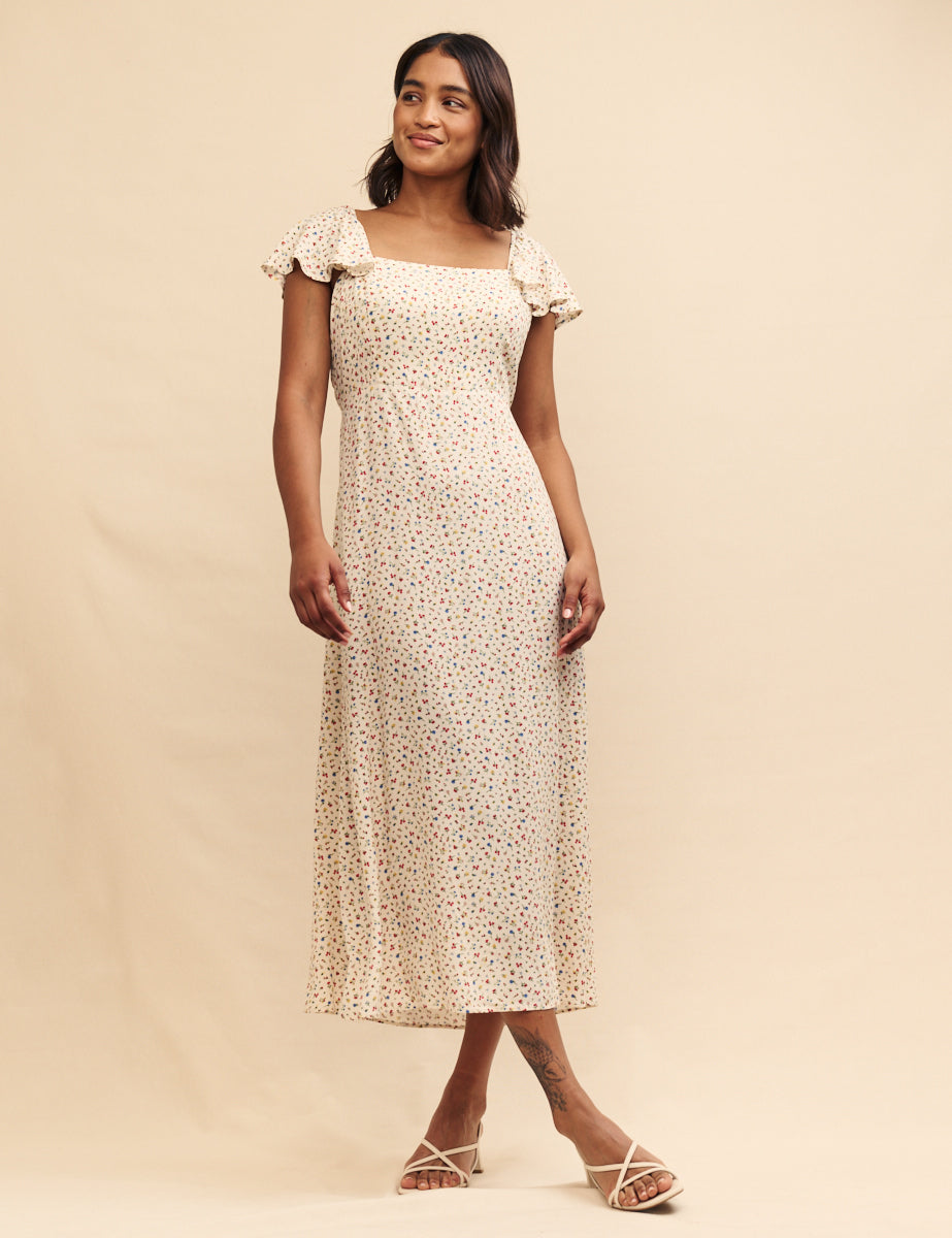 White Ditsy Floral Elsie Midi Dress