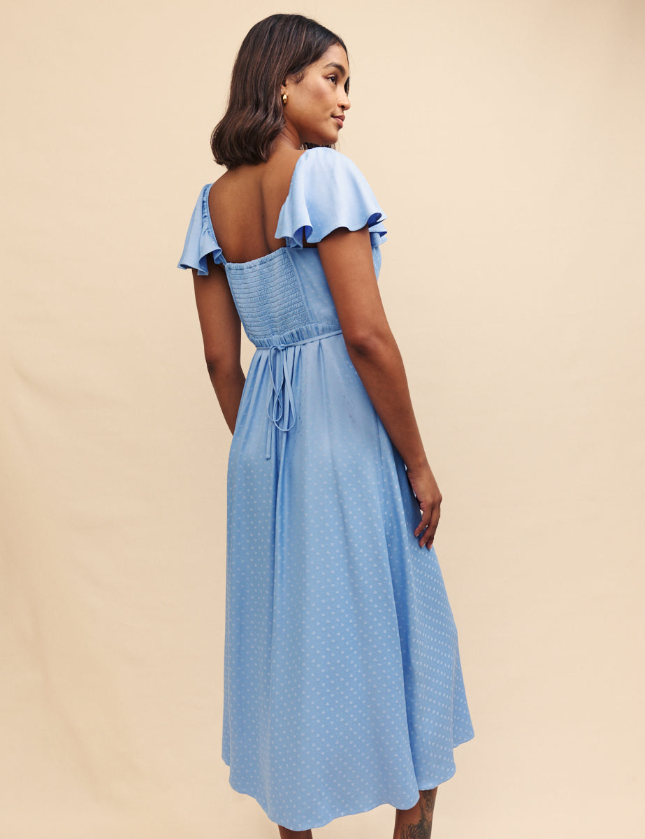 Blue Satin Jaquard Elsie Midi Dress