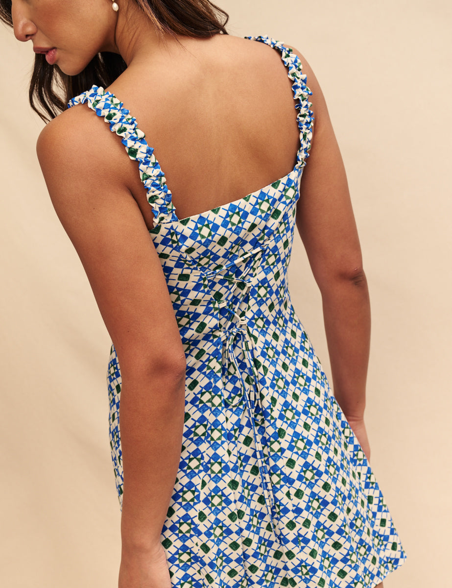 Blue Tile Print Kitty Mini Dress