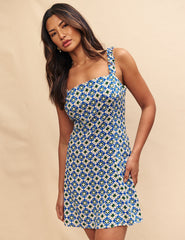 Blue Tile Print Kitty Mini Dress