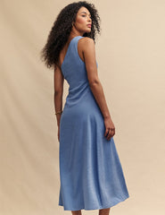 Blue Linen-blend One Shoulder Midi Dress