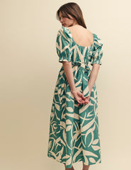 Green Leaf Print Ginger Smock Midi Dress