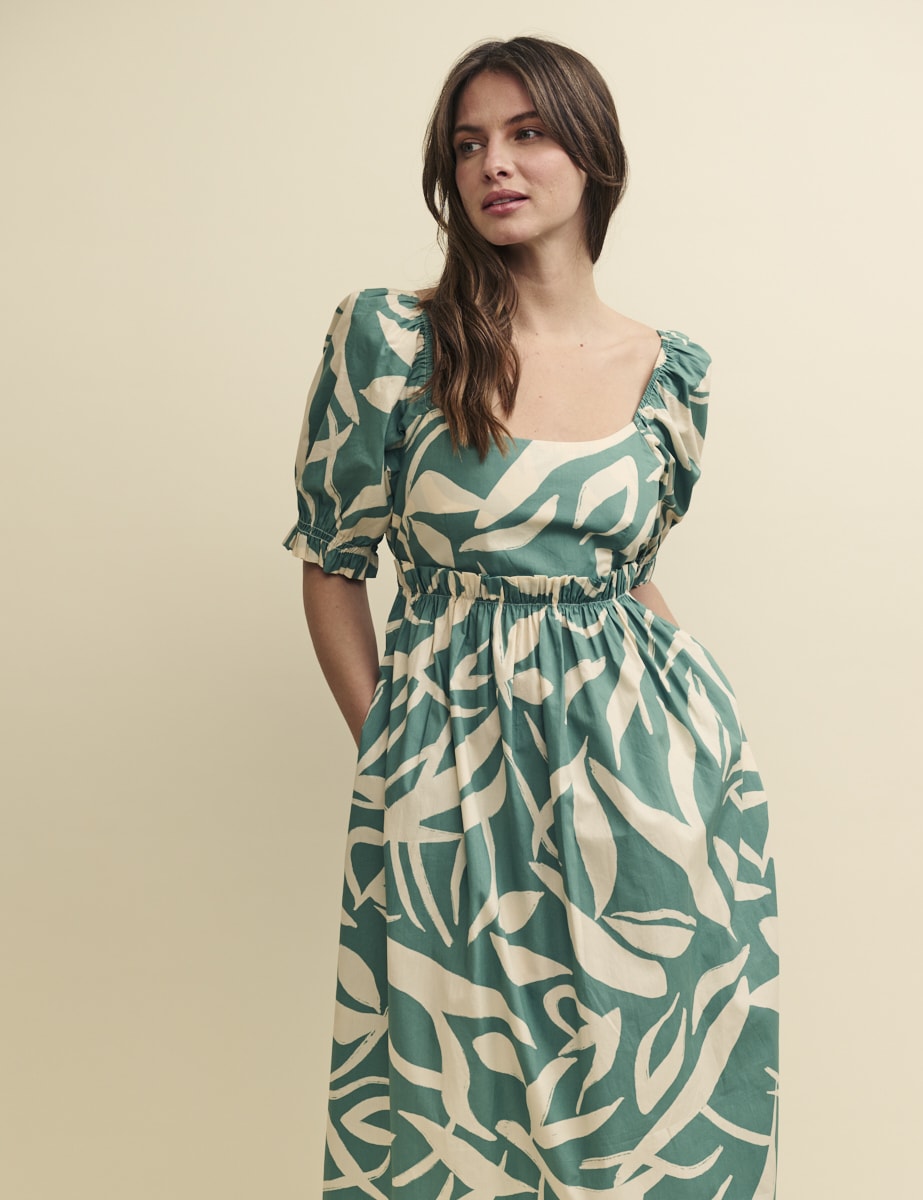 Green Leaf Print Ginger Smock Midi Dress