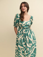 Green Leaf Print Ginger Smock Midi Dress