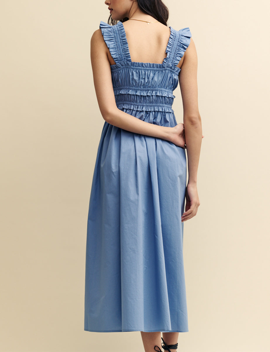 Blue Shirred Ruffle Trim Lennie Midi Dress
