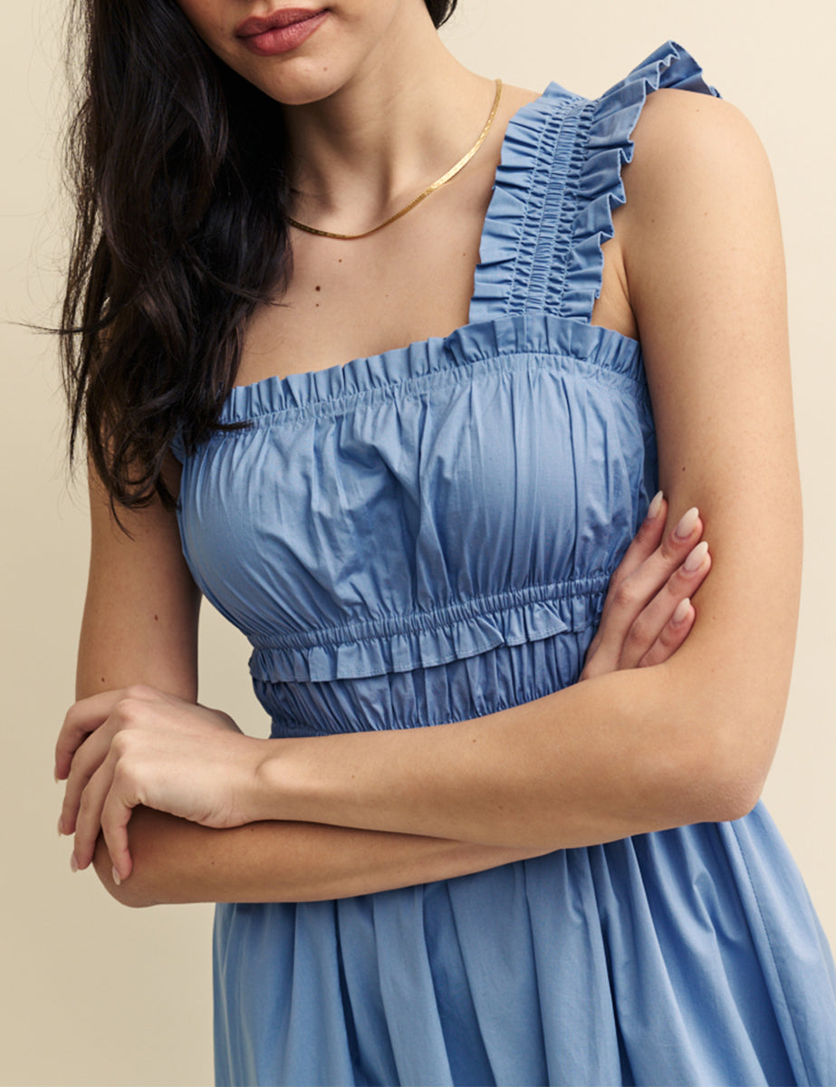 Blue Shirred Ruffle Trim Lennie Midi Dress