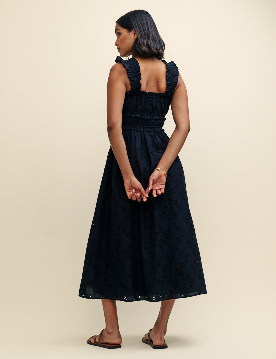 Black Shirred Ruffle Trim Lennie Midi Dress