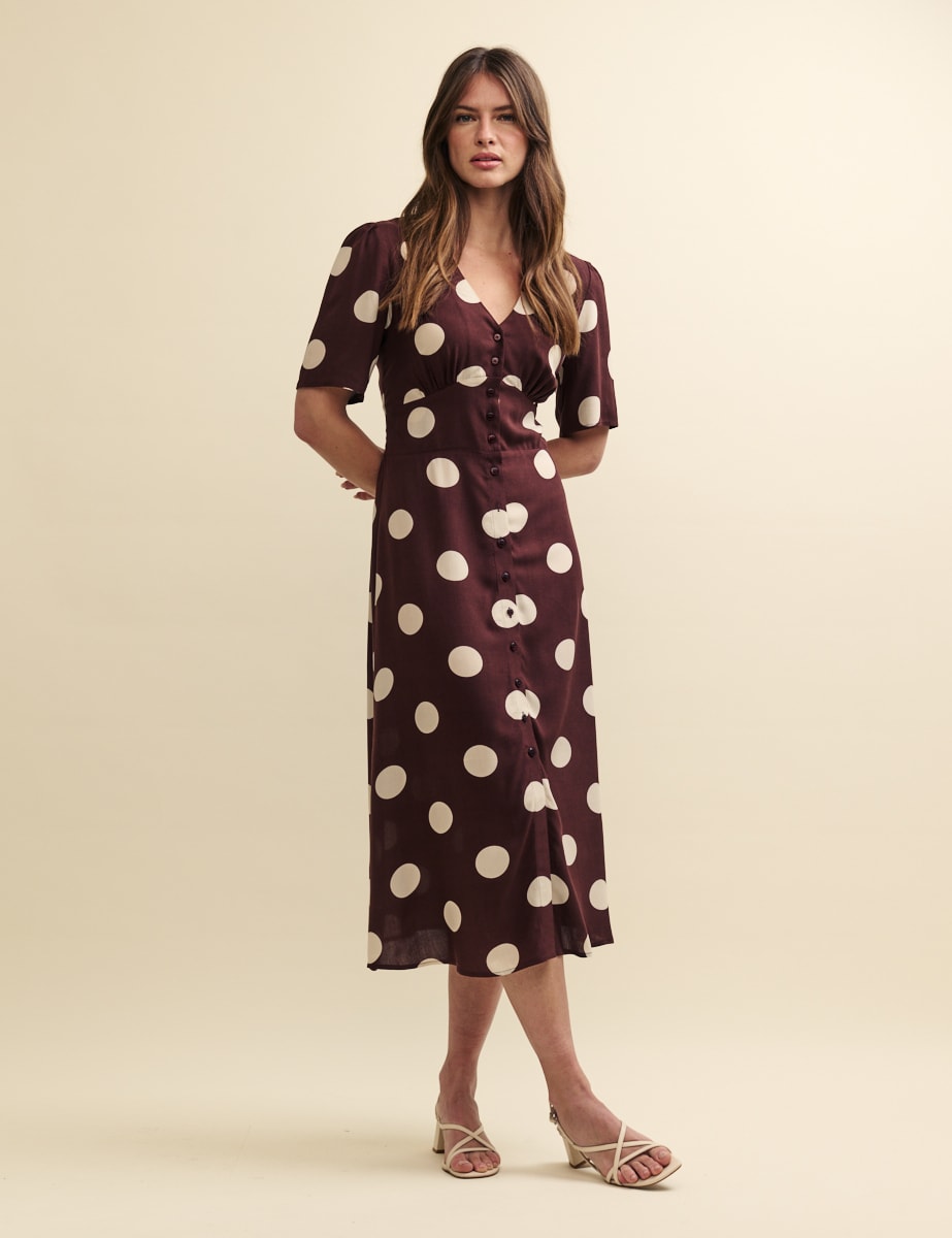 Brown Spot Print Alexa Midi Dress