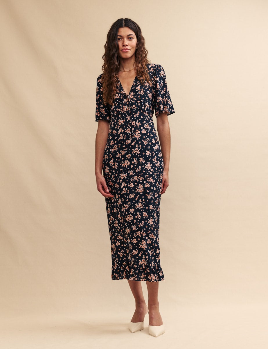 Black Floral Dalia Midi Dress