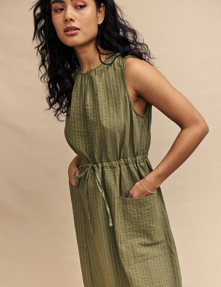 Green Olive Draw String Waist Midi Dress