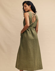 Green Olive Draw String Waist Midi Dress